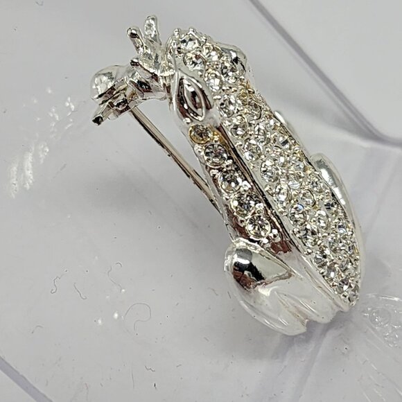 Roman Signed Clear Rhinestones Silver Tone Frog Brooch Pin Jewelry 1.25 Inches - Picture 3 of 7